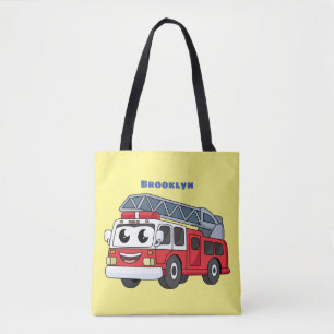 Cute happy fire engine cartoon tote bag