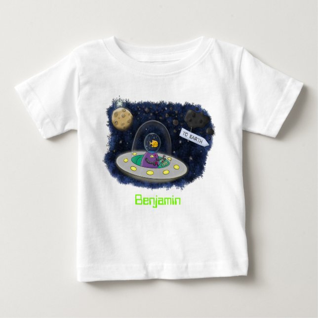 Cute happy fish ufo space cartoon illustration baby T-Shirt (Front)