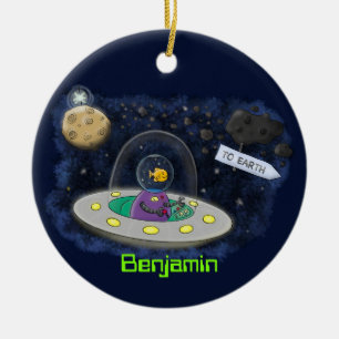 Cute happy fish ufo space cartoon illustration ceramic tree decoration