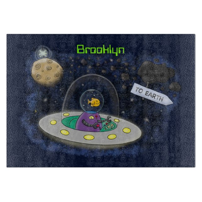 Cute happy fish ufo space cartoon illustration cutting board (Front)