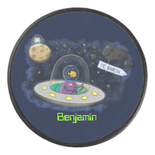 Cute happy fish ufo space cartoon illustration hockey puck