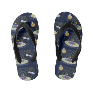Cute happy fish ufo space cartoon illustration kid's jandals