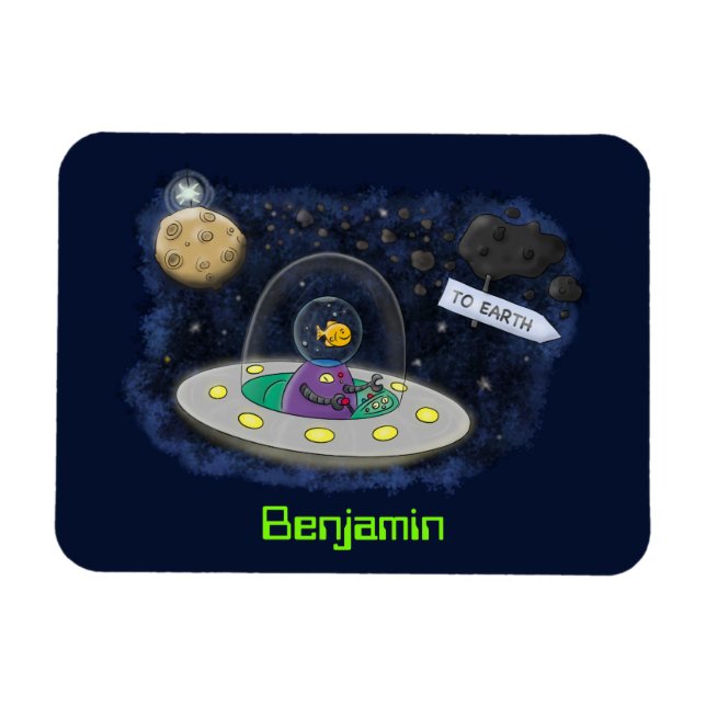 Cute happy fish ufo space cartoon illustration magnet (Horizontal)