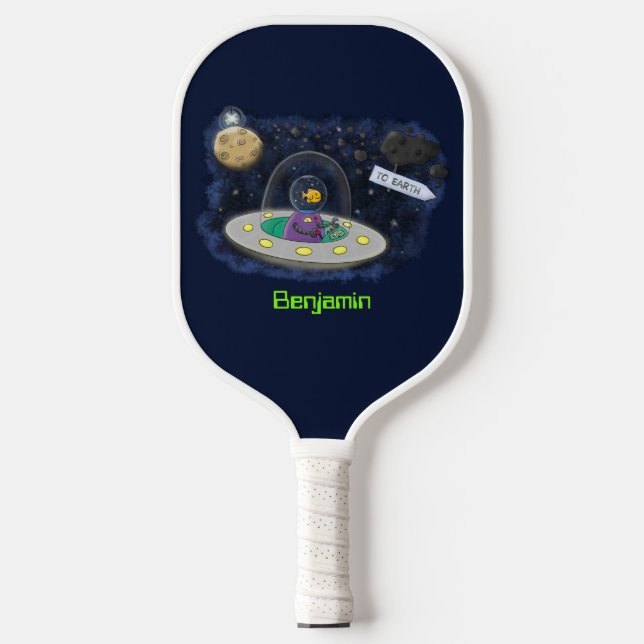 Cute happy fish ufo space cartoon illustration  pickleball paddle (Front)