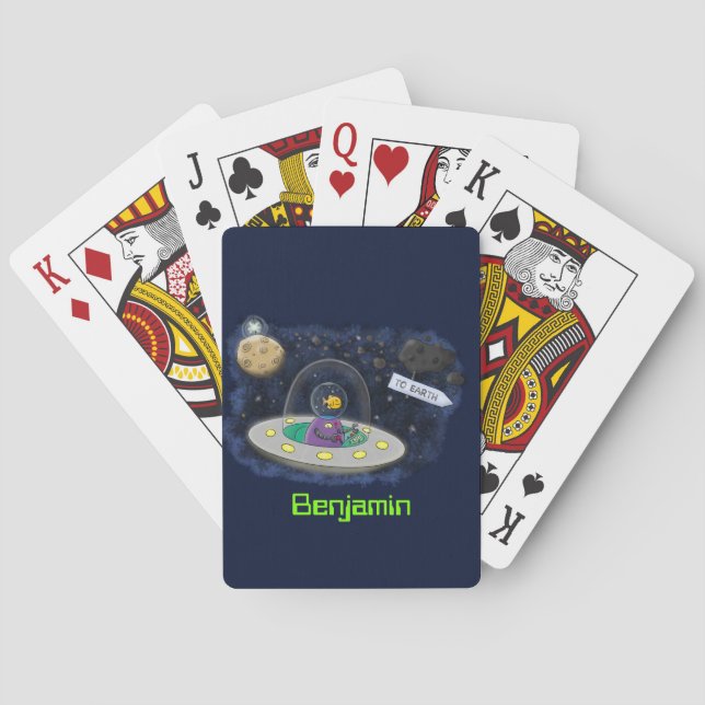 Cute happy fish ufo space cartoon illustration playing cards (Back)