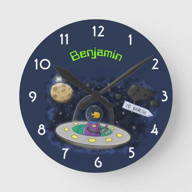 Cute happy fish ufo space cartoon illustration round clock (Front)