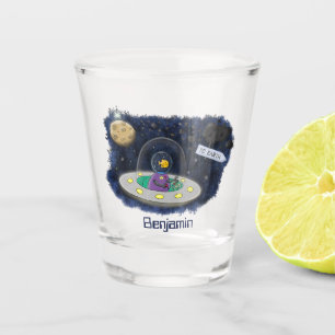Cute happy fish ufo space cartoon illustration shot glass