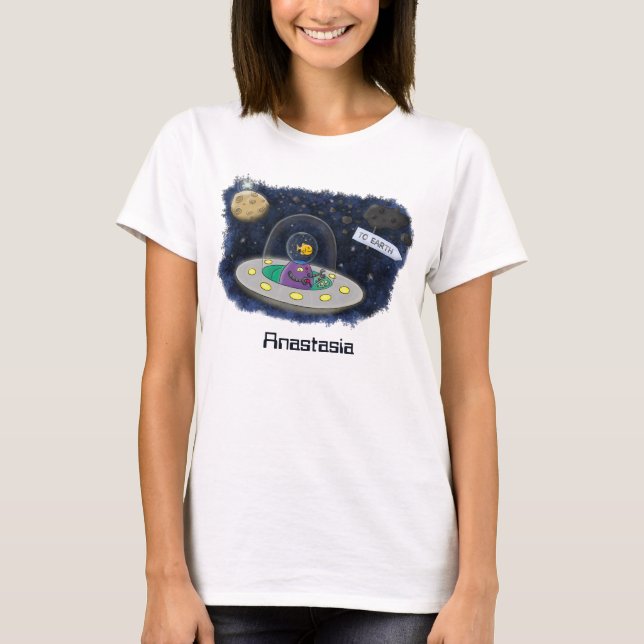 Cute happy fish ufo space cartoon illustration T-Shirt (Front)