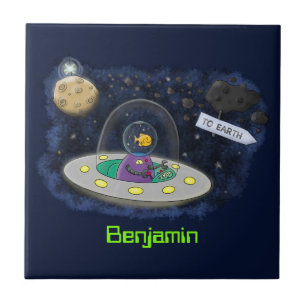 Cute happy fish ufo space cartoon illustration tile