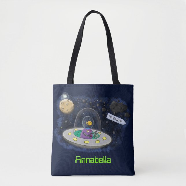 Cute happy fish ufo space cartoon illustration tote bag (Front)