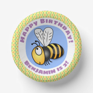 Cute happy flying bee yellow cartoon illustration paper plate