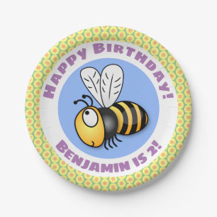 Cute happy flying bee yellow cartoon illustration paper plate