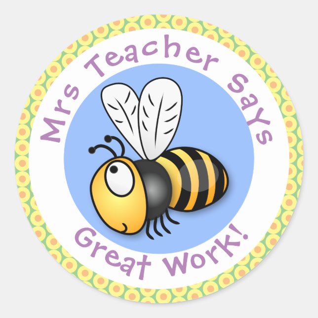 Cute happy flying bee yellow cartoon teacher award classic round sticker (Front)