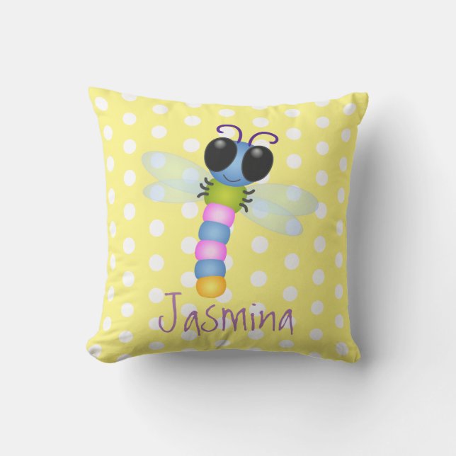 Cute happy flying dragonfly cartoon illustration cushion (Front)