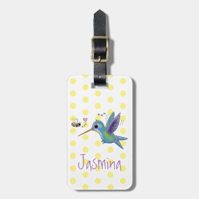 Cute happy flying hummingbird cartoon illustration luggage tag (Front Vertical)