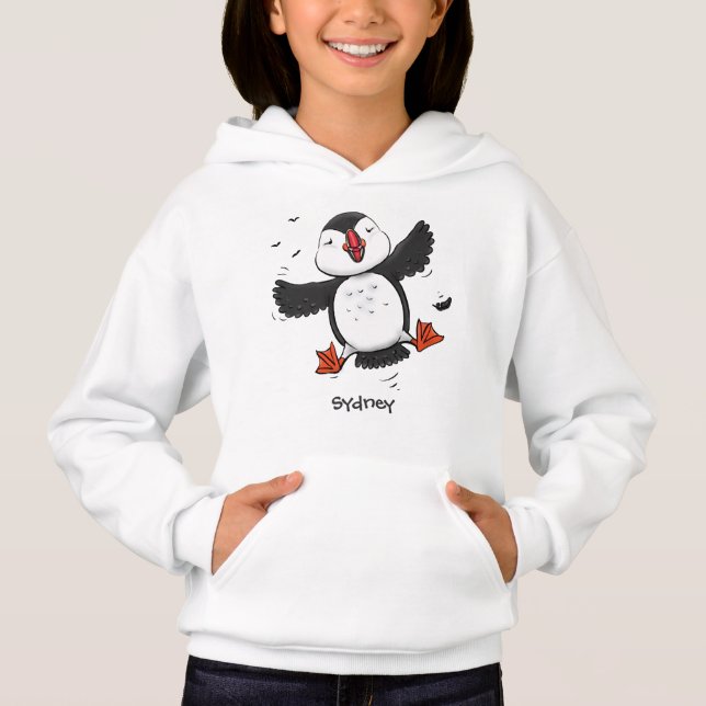 Cute happy flying puffin blue cartoon illustration (Front)