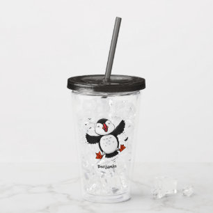 Cute happy flying puffin blue cartoon illustration acrylic tumbler