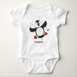 Cute happy flying puffin blue cartoon illustration baby bodysuit<br><div class="desc">This design features a cute,  happy puffin in adorable cartoon illustration style. Lots of puffin fun!</div>