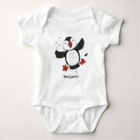Cute happy flying puffin blue cartoon illustration