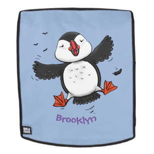 Cute happy flying puffin blue cartoon illustration backpack