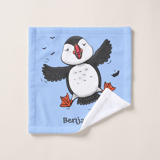Cute happy flying puffin blue cartoon illustration bath towel set (Wash Cloth)