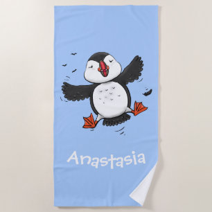 Cute happy flying puffin blue cartoon illustration beach towel
