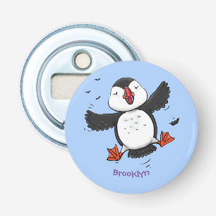 Cute happy flying puffin blue cartoon illustration bottle opener