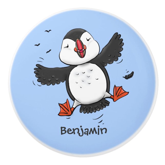 Cute happy flying puffin blue cartoon illustration ceramic knob (Front)