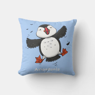 Cute happy flying puffin blue cartoon illustration cushion
