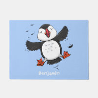 Cute happy flying puffin blue cartoon illustration
