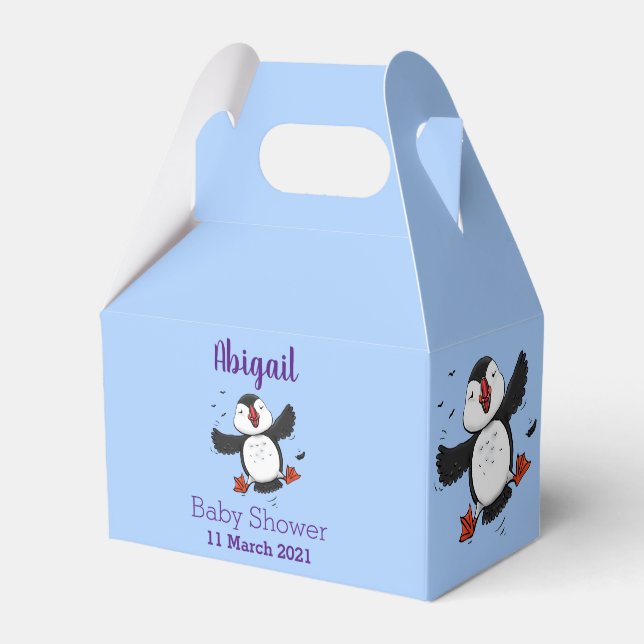 Cute happy flying puffin blue cartoon illustration favour box (Front Side)