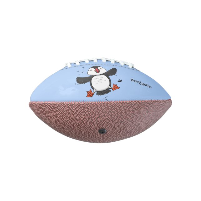 Cute happy flying puffin blue cartoon illustration football (Rotated 270)