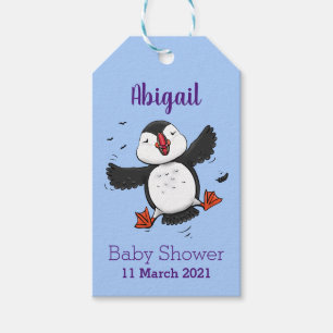 Cute happy flying puffin blue cartoon illustration gift tags