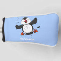 Cute happy flying puffin blue cartoon illustration