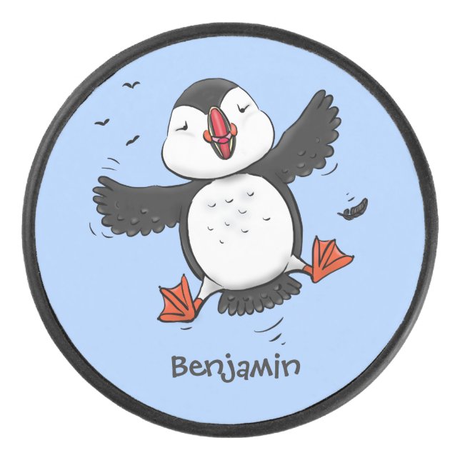 Cute happy flying puffin blue cartoon illustration hockey puck (Front)