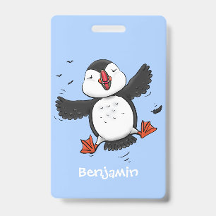Cute happy flying puffin blue cartoon illustration ID badge