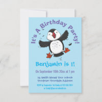 Cute happy flying puffin blue cartoon illustration