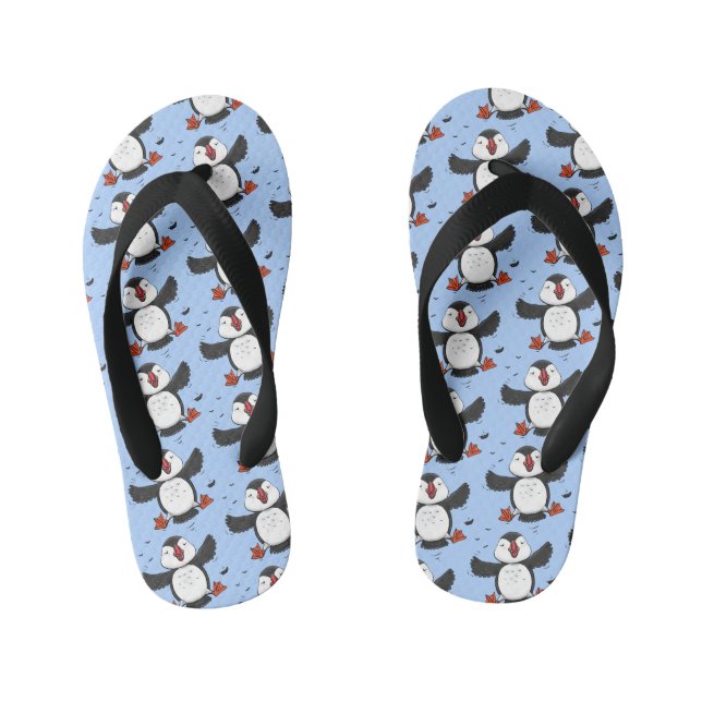 Cute happy flying puffin blue cartoon illustration kid's jandals (Footbed)