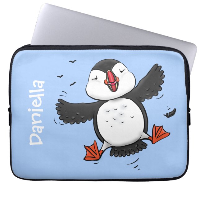 Cute happy flying puffin blue cartoon illustration laptop sleeve (Front)