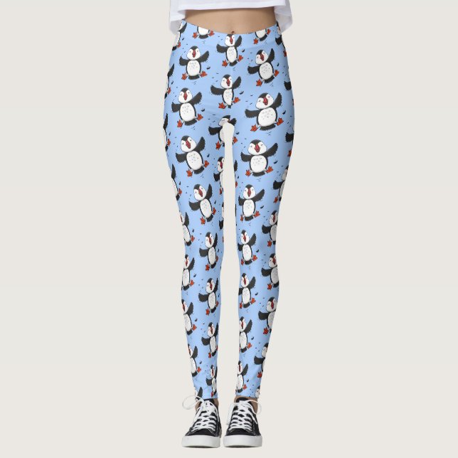 Cute happy flying puffin blue cartoon illustration leggings (Front)