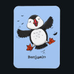 Cute happy flying puffin blue cartoon illustration magnet<br><div class="desc">This design features a cute,  happy puffin on a blue background in adorable cartoon illustration style. Lots of puffin fun!</div>