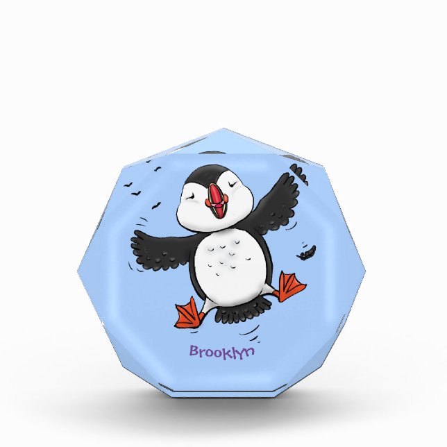 Cute happy flying puffin blue cartoon illustration photo block (Front)