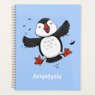 Cute happy flying puffin blue cartoon illustration planner
