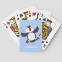 Cute happy flying puffin blue cartoon illustration