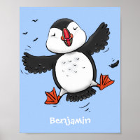 Cute happy flying puffin blue cartoon illustration