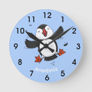 Cute happy flying puffin blue cartoon illustration round clock