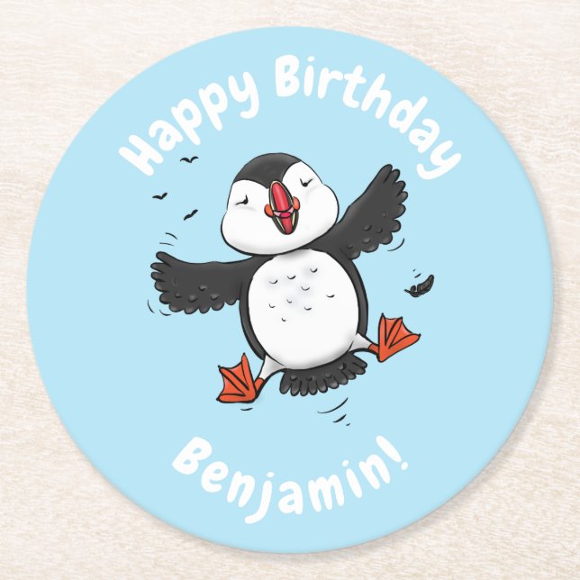 Cute happy flying puffin blue cartoon illustration round paper coaster (Front)