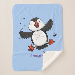 Cute happy flying puffin blue cartoon illustration sherpa blanket
