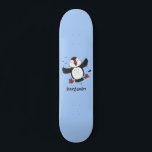 Cute happy flying puffin blue cartoon illustration skateboard<br><div class="desc">This design features a cute,  happy puffin on a blue background in adorable cartoon illustration style. Lots of puffin fun!</div>