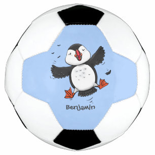 Cute happy flying puffin blue cartoon illustration soccer ball